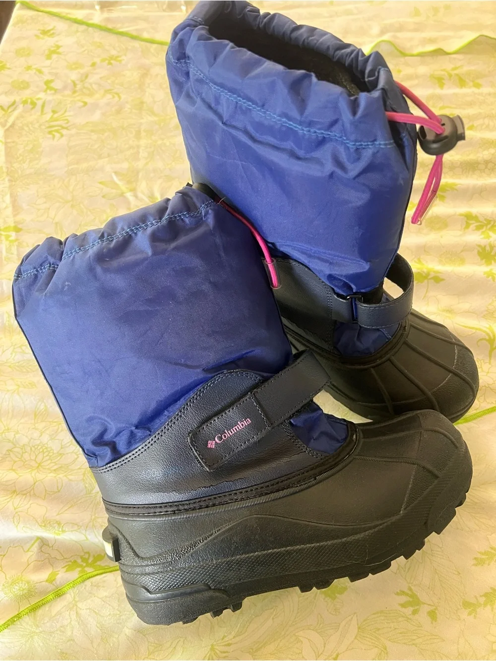 Columbia Powderbug Kids Navy Blue and Pink snow boots